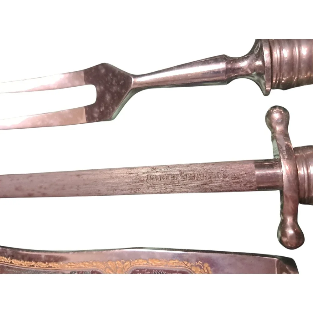 Baron Solingen Germany 5 Pc Carving Set Stag Horn Handles Engraved Blade Box Vtg